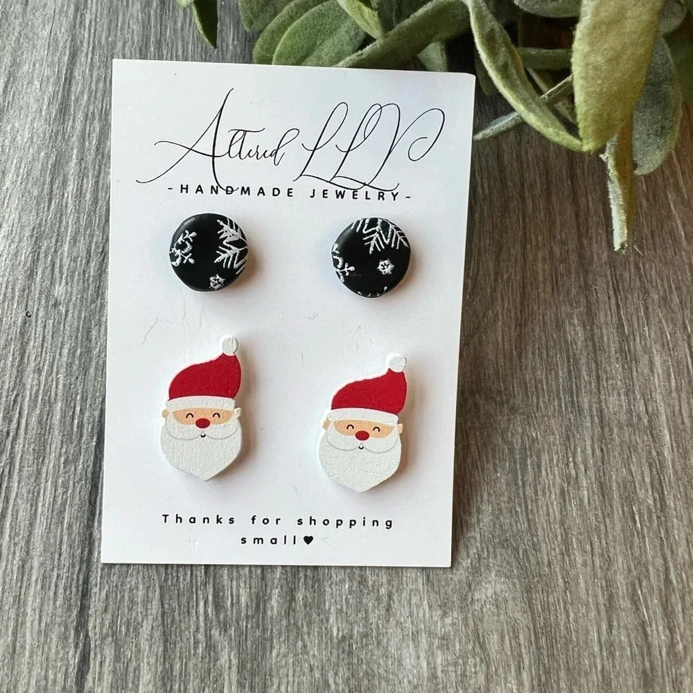 2/$30 Handmade Happy Santa & Black Snowflake Stud Pack